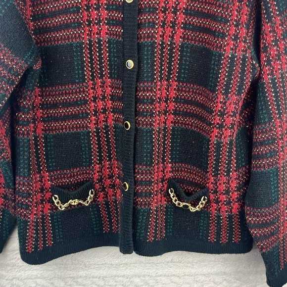 Vintage Knit Plaid Cardigan Blazer Gold Buttons Sz XL Birdseye Preppy Xmas - Picture 6 of 12